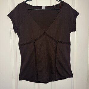 Camaieu y2k babydoll short sleeve mesh knitted detailing top dark brown- large